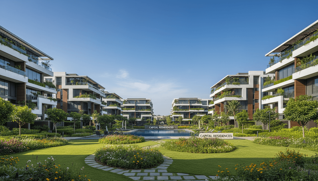 Modern residential buildings with green landscaping under a clear sky