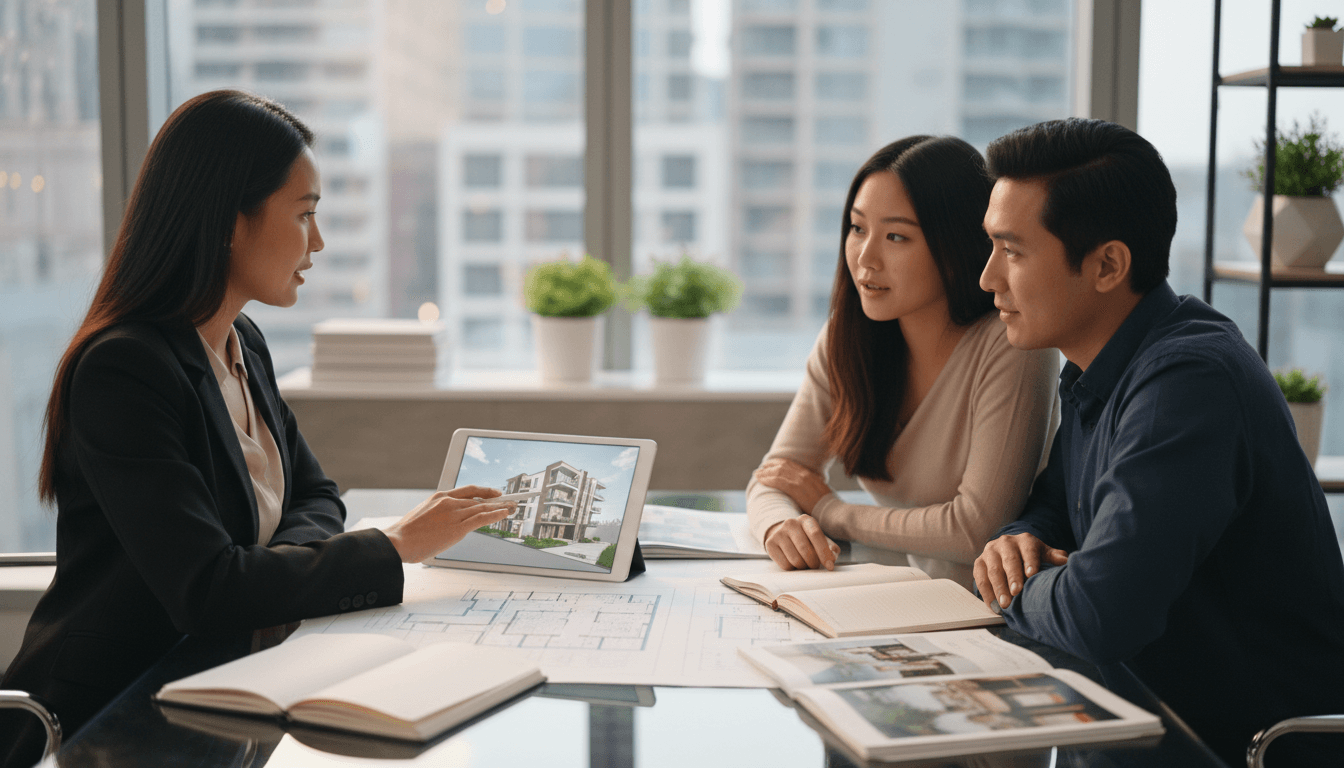 Real estate professional speaking on the phone in a bright modern office
