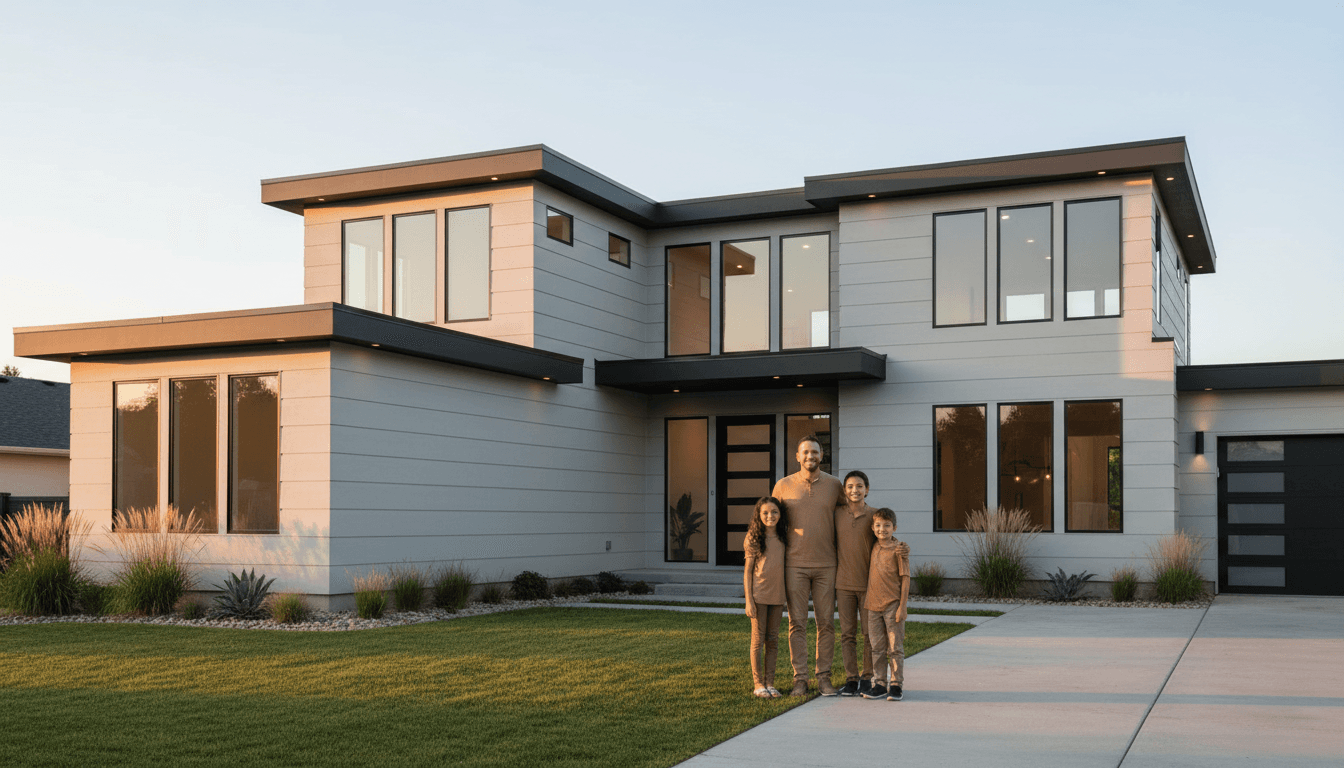 Modern house exterior with a well-kept lawn and clear sky